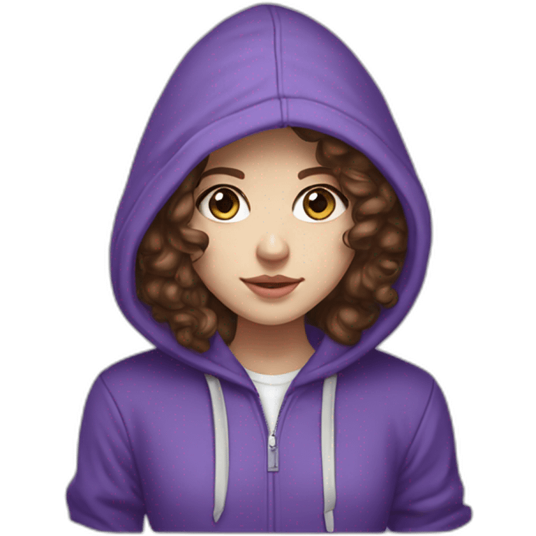 Full length girl with blue eyes and white skin and long curly browny hair with high aristocratic cheekbones in a purple hoodie emoji