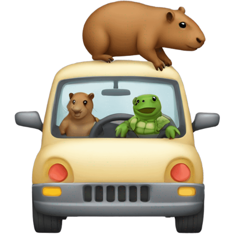 Capibara with turtle backpack, driving car emoji