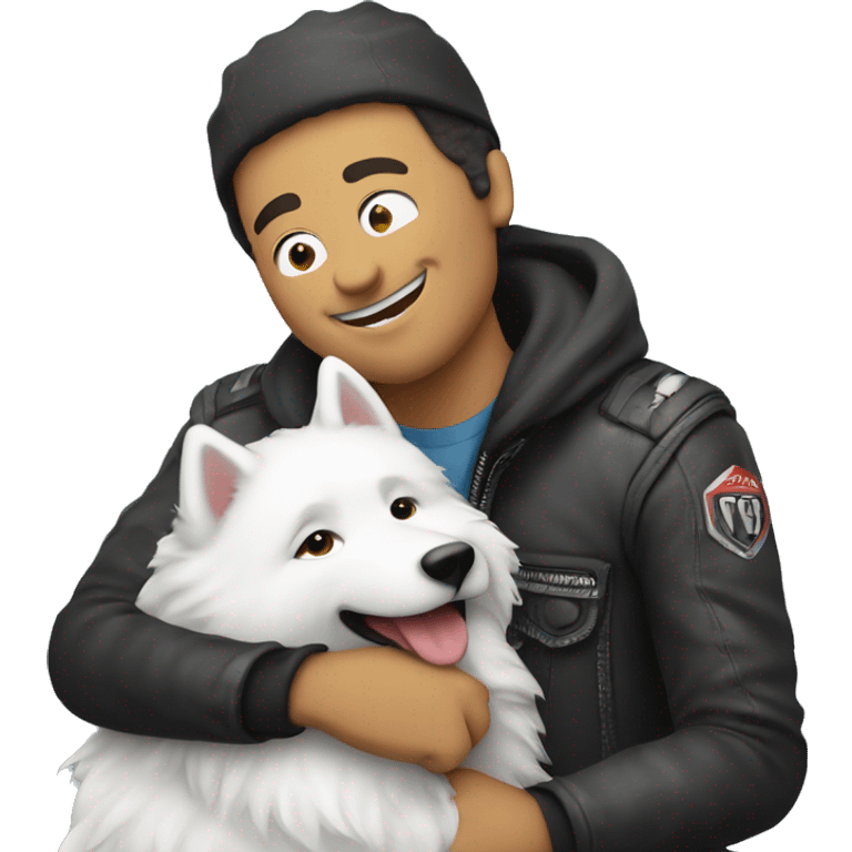 Biker hugging a samoyed  emoji