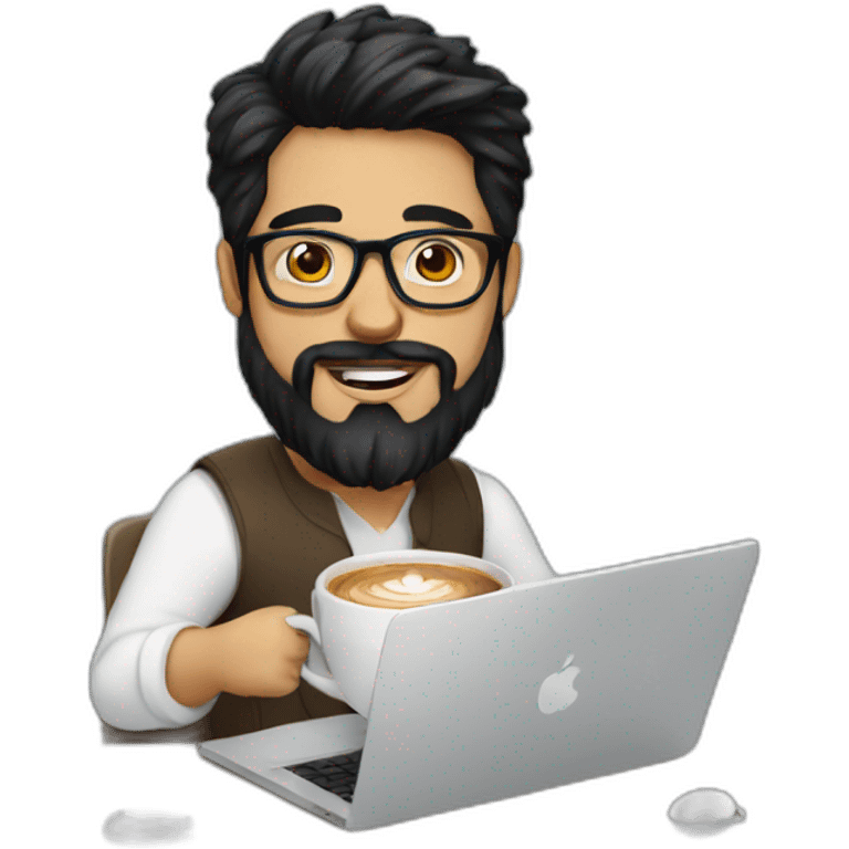 Designer with black hair, beard and glasses working with MacBook and drinking cappuccino  emoji