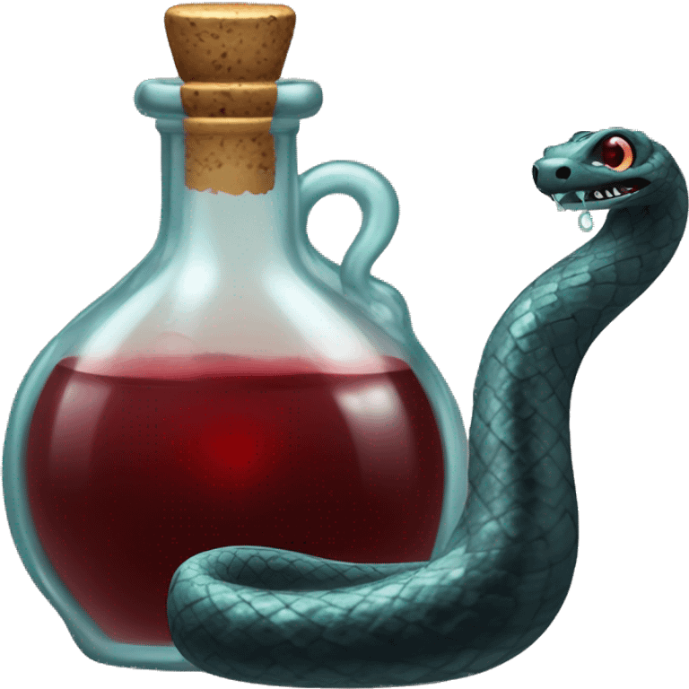 A glass potion bottle, with glittering blackish red liquid inside, and a snake coiling around the outside of the bottle. emoji