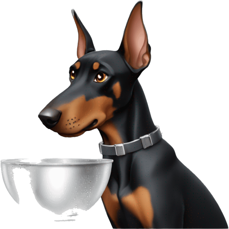 Doberman with pointed ears holding a silver bowl  emoji