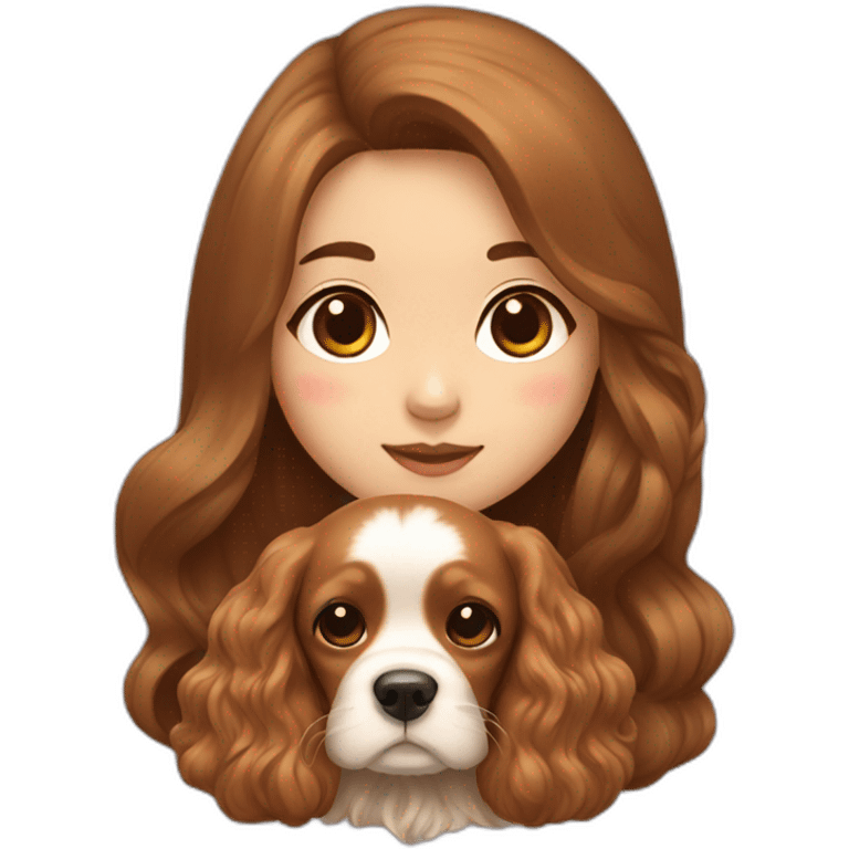 korean girl in long brown hair sits with caramel cocker spaniel emoji