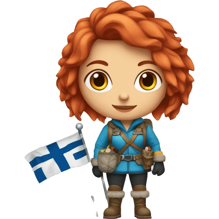 female winter mountaineer red hair holding greek flag and easter egg emoji