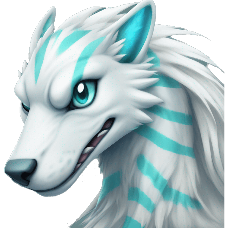 White elegant beautiful natural cute badass epic anthro modern albino sergal-vernid-Fakémon with cyan mane, with cyan edgy stripes, anthropomorphic, two-legged, digitigrade, full body emoji