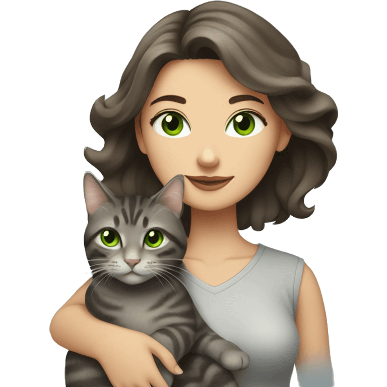 A woman with long dark brown hair and green eyes holds a gray tabby cat with green eyes in her arms emoji