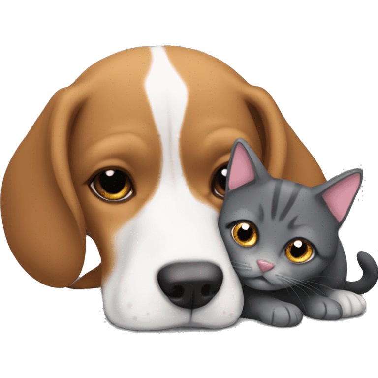 Beagle snuggling with fluffy dark grey cat emoji