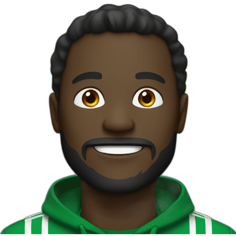 man, dark skin, light beard, dark green tracksuit, smiling emoji