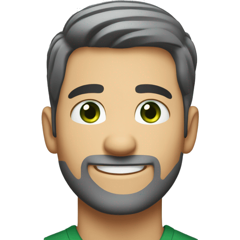 Create an emoji of a handsome white man with a full suit, black hair in a crew cut, and green eyes. He has a 3-day stubble beard and is smiling happily. The overall expression should be friendly and confident. emoji