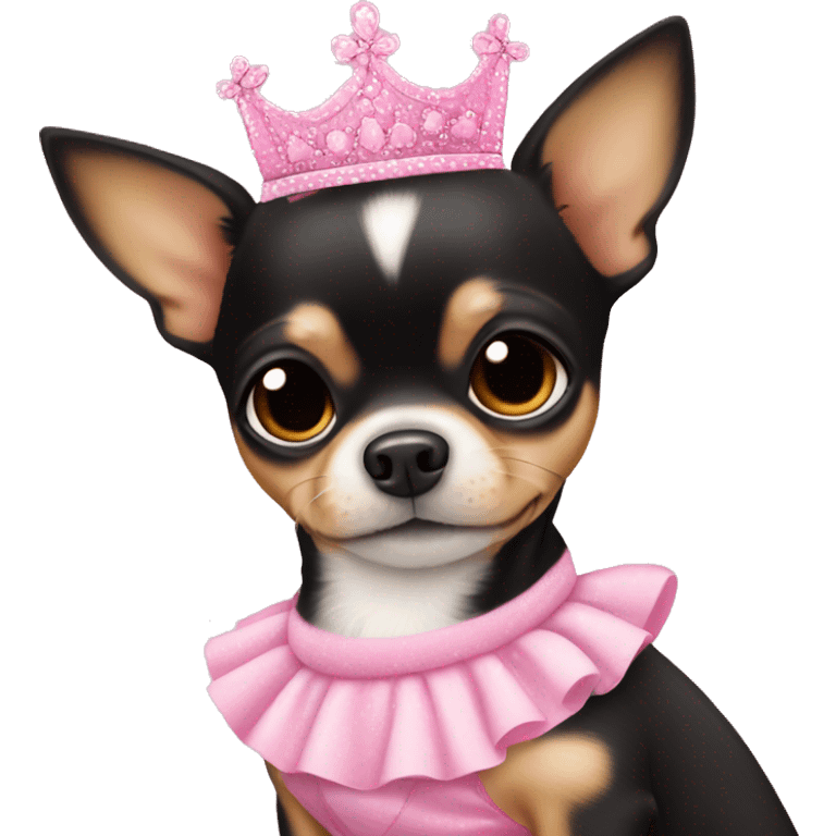 black & tan chihuahua puppy wearing a pink princess dress emoji