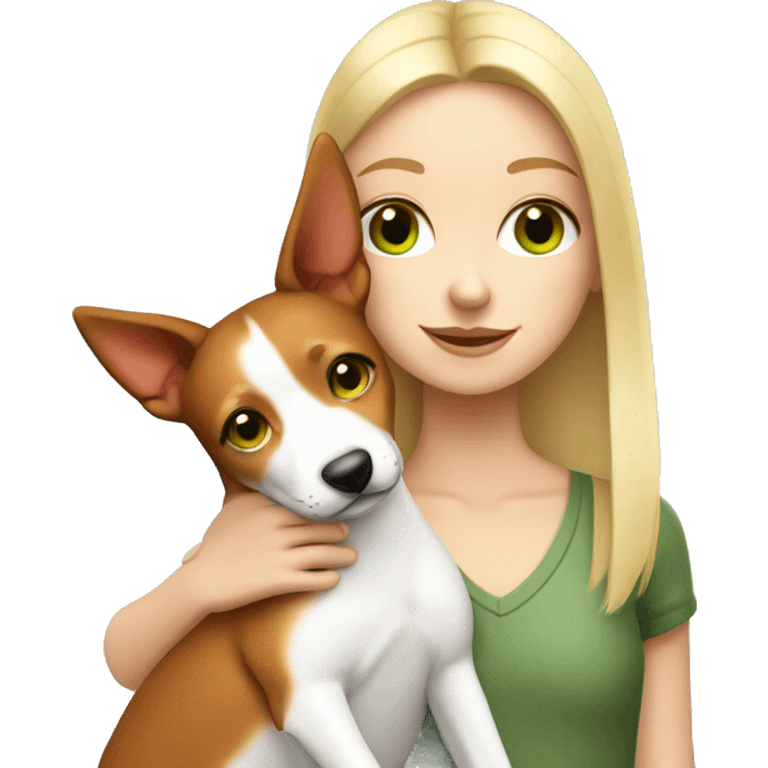 a white green eyed blonde girl hugging a red and white basenji dog emoji