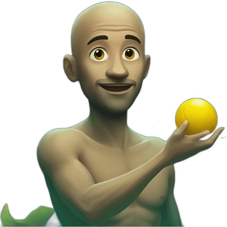 Underwater man mermaid swimming, bold with no hair, holding a small yellow ball, winning enthousiasm emoji