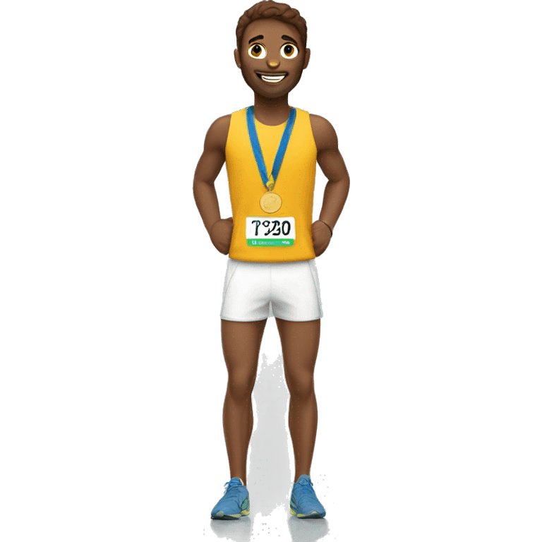 a white marathon runner with brown hair and a golden medal around his neck  emoji