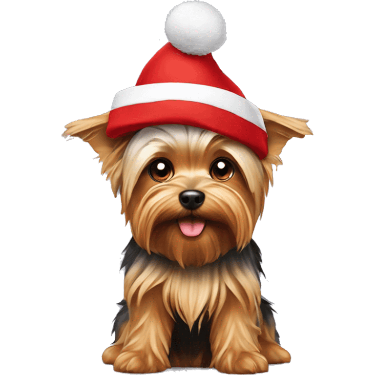 Yorkshire terrier sitting under Christmas hat emoji