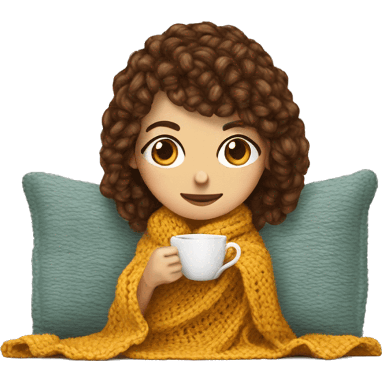 Young woman with brown way hair and bangs who crochets on the sofà with a blanket on herself. Near her there is a cup of tea  emoji