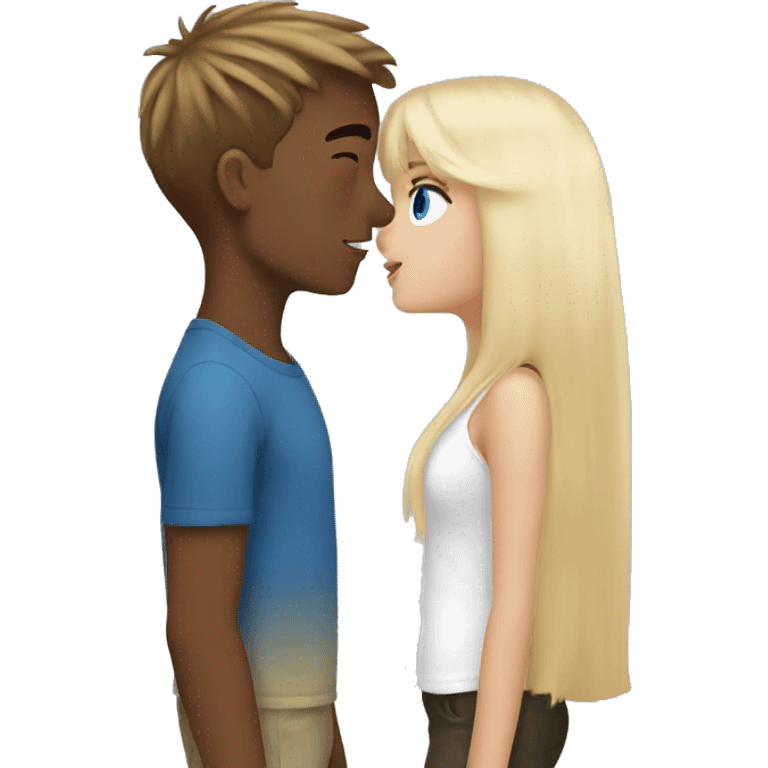 Girl with long back hair with bangs and tan skin kissing boy with blonde hair blue eyes and white skin emoji