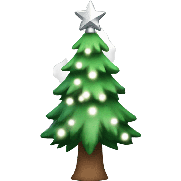 Christmas tree with white lights and silver star with snow on branches emoji