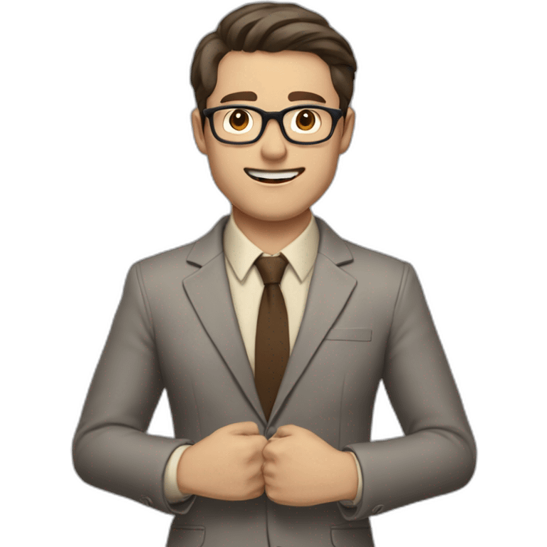 To belt Actively gesturing with hands Pale skinned fit man with dark brown hair in gray jacket, beige office shirt, brown tie, brown pants and vintage glasses. emoji