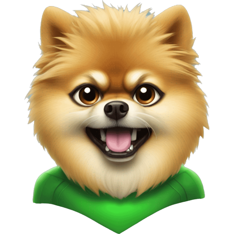 angry pomeranian in green superhero suit emoji