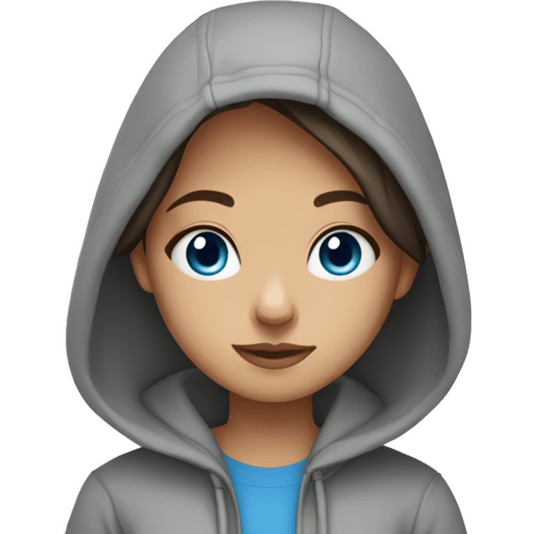 a brunett girl with blue eyes and a grey hoodie leaned emoji