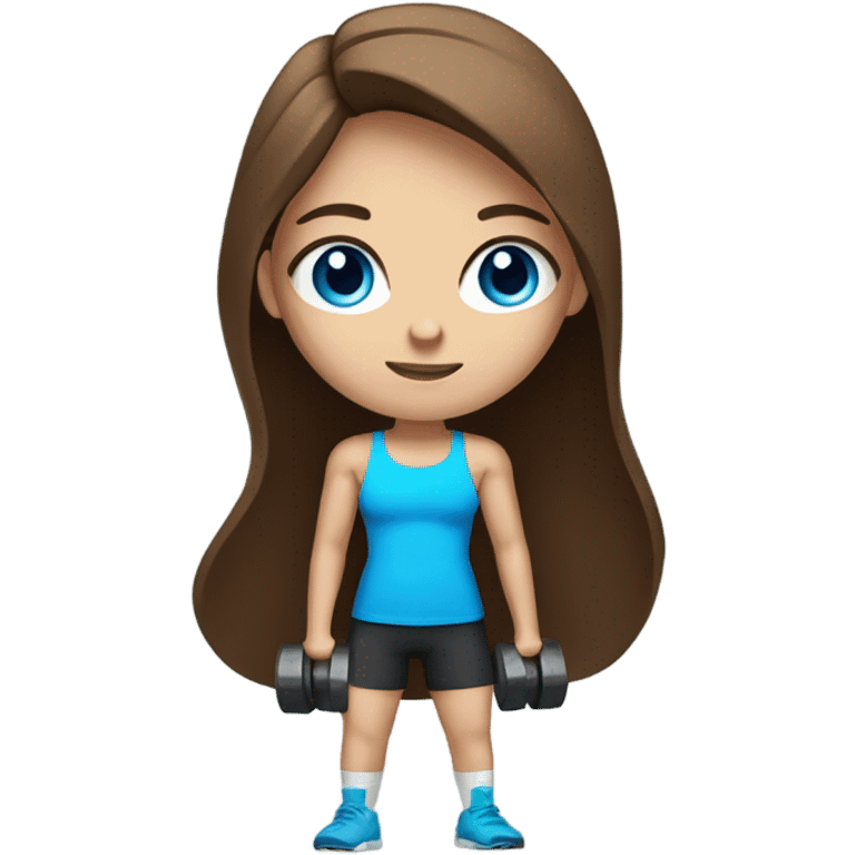 girl with long brown hair,  bright blue eyes, lifting weights emoji