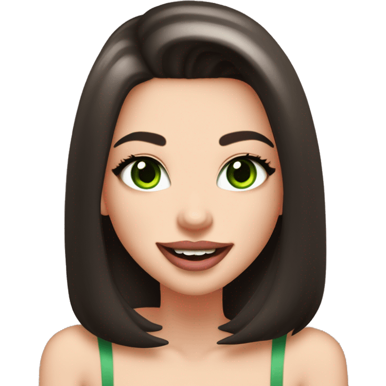 beautiful girl with high cheek bones orange blush, long straight shiny dark brown hair, big green eyes and big pale pink lips. Long thick eyelashes. Wearing a cream bustier.  She is laughing emoji