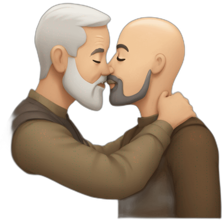 older bald European bearded  man kissing bald brown older Arab bearded  man emoji