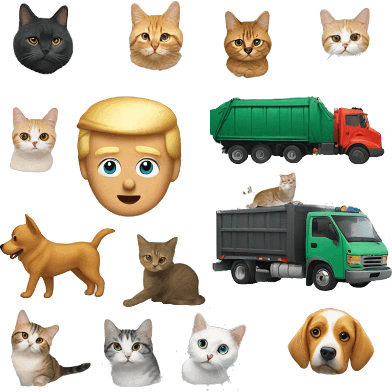 Donald Trump, next to a garbage truck with cats and dogs  emoji