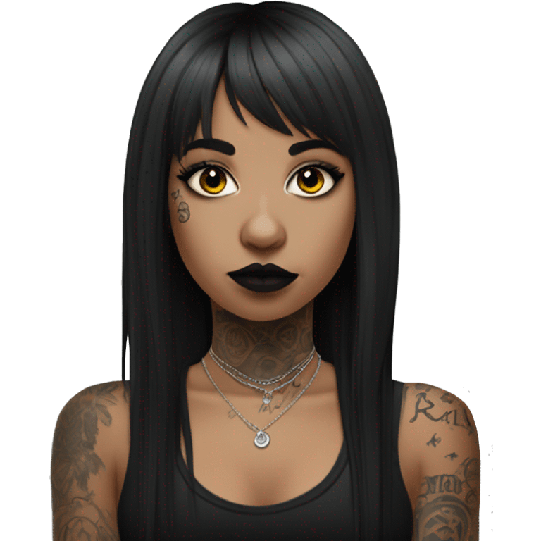 Latina goth girl with a nose ring, long hair, bangs and arm tattoos  emoji