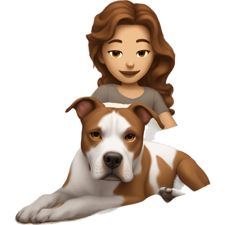 Girl with brown wavy hair laying in bed with her pitbull emoji