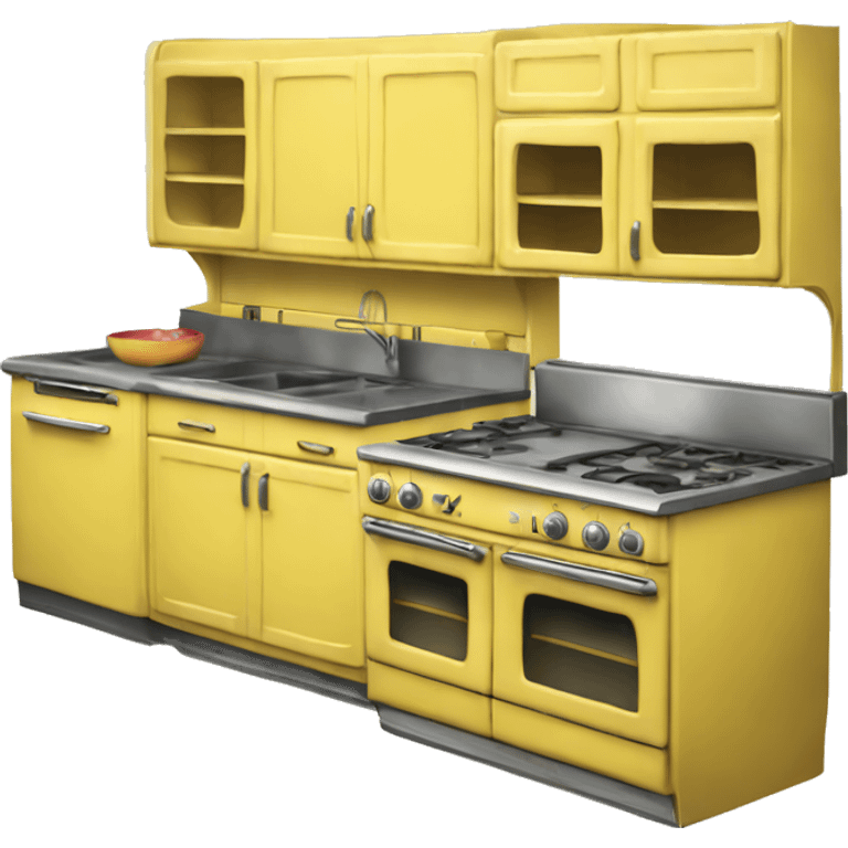 Isolated full length Realistic yellow vintage retro kitchen range with cabinets and counters. emoji