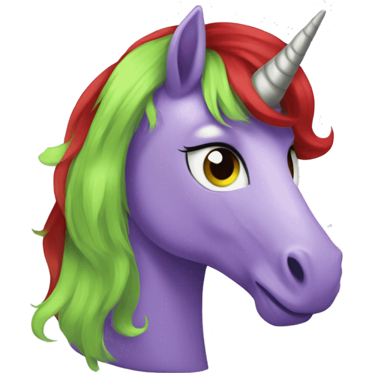 Purple unicorn, cartoony, my little pony, lime green eyes, red hair emoji