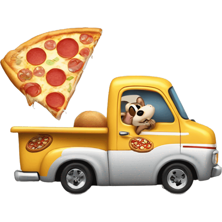 mighty mouse driving a ford truck and eating a piece of pizza emoji