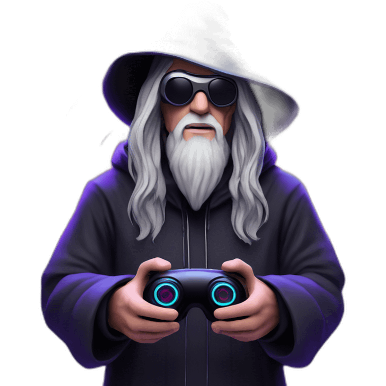 Gandalf wearing a black hoodie with "OMG" letters on it and VR headset in a cyberpunk VR environment with violet neon lighting. emoji