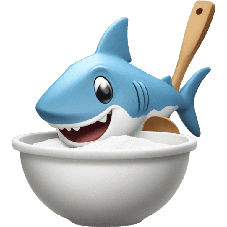 Show a friendly cartoon shark in a kitchen with flour on its nose, playfully sniffing the white powder. There's a mixing bowl of flour nearby, and the shark is holding a wooden spoon, ready to bake. emoji