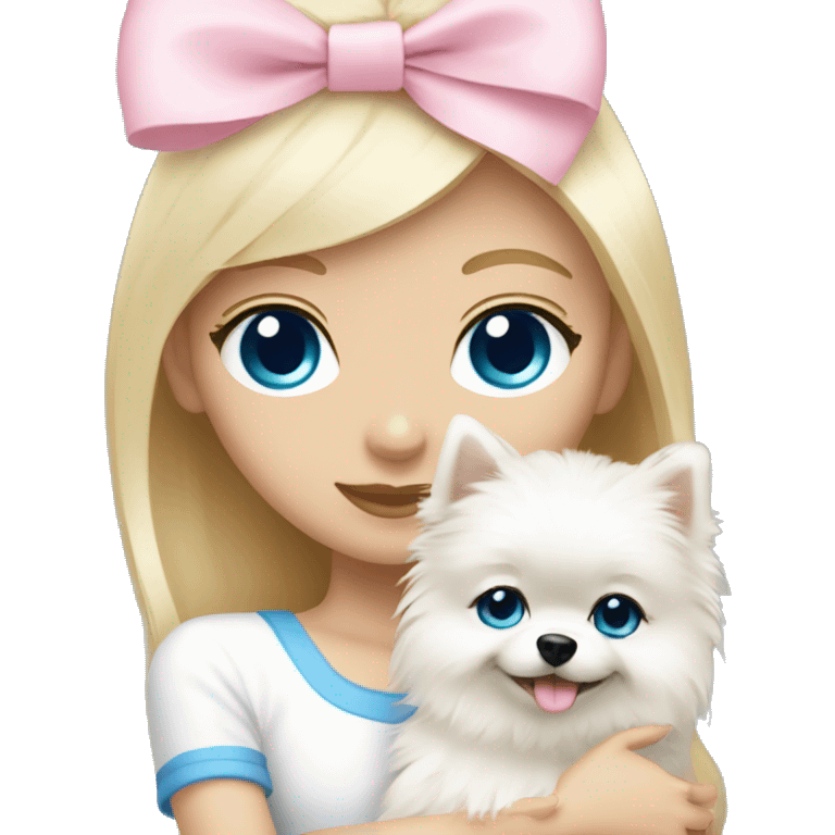 Blond girl white skin blue eyes hugging white Pomeranian with light pink bow emoji