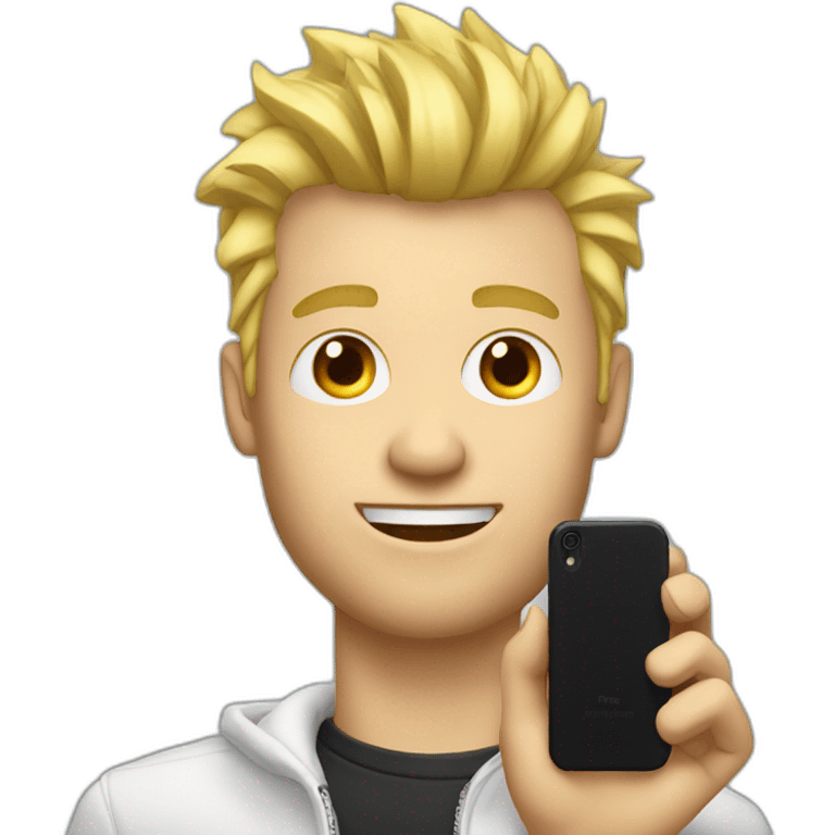 Blonde man with faux hawk hair holding iPhone in hand emoji