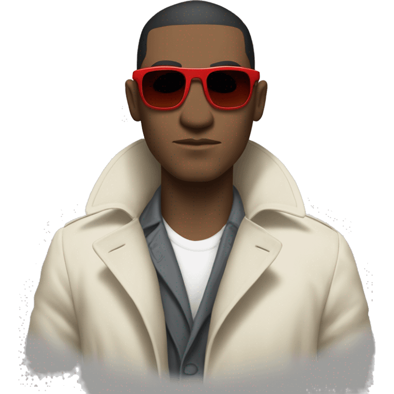 <excerpt>
A white man with real buzz cut Black hair, short mutton shops donning small red tinted sun glasses in a dirty white trench coat, is serious.
</excerpt> emoji