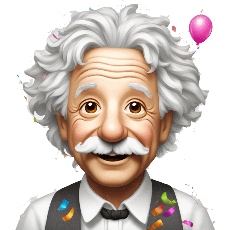 happy albert einstein with lots of colourful confetti and party balloons emoji