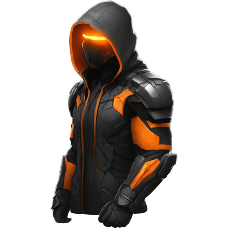 Side view developer behind his laptop with this style : crysis Cyberpunk Valorant orange glowing bright orange character orange black hooded assassin themed character emoji