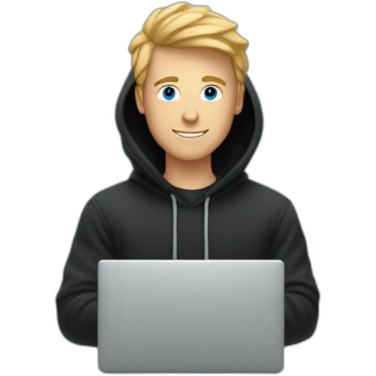 a white man wearing a black hoodie behind a laptop screen with a blue heart on it emoji