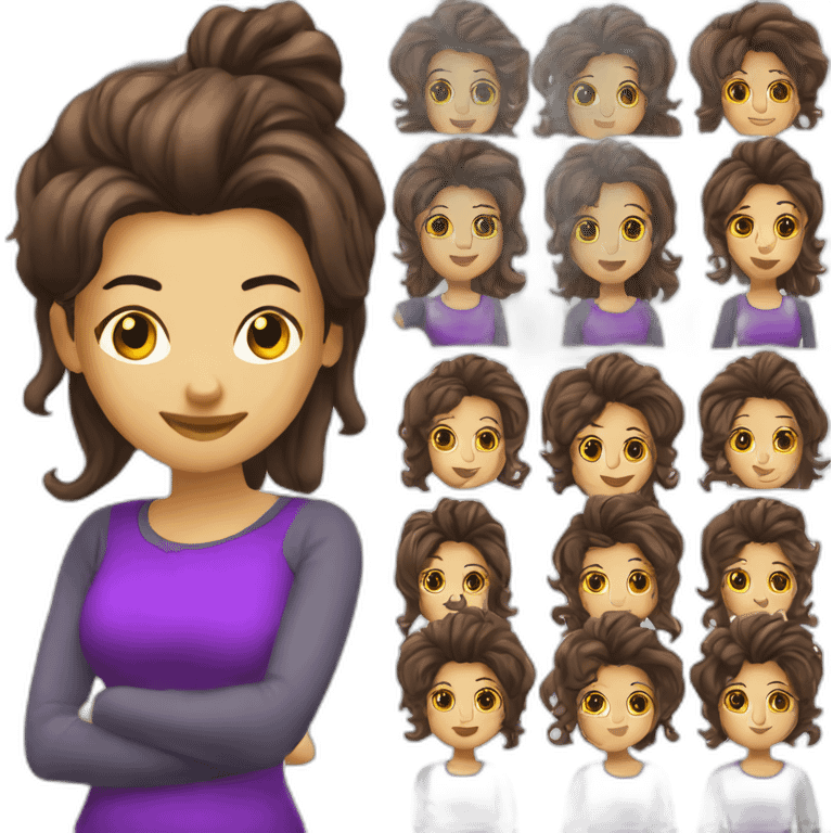 mujer, cabello liso marron, usando camiseta morada con letras 4tech emoji