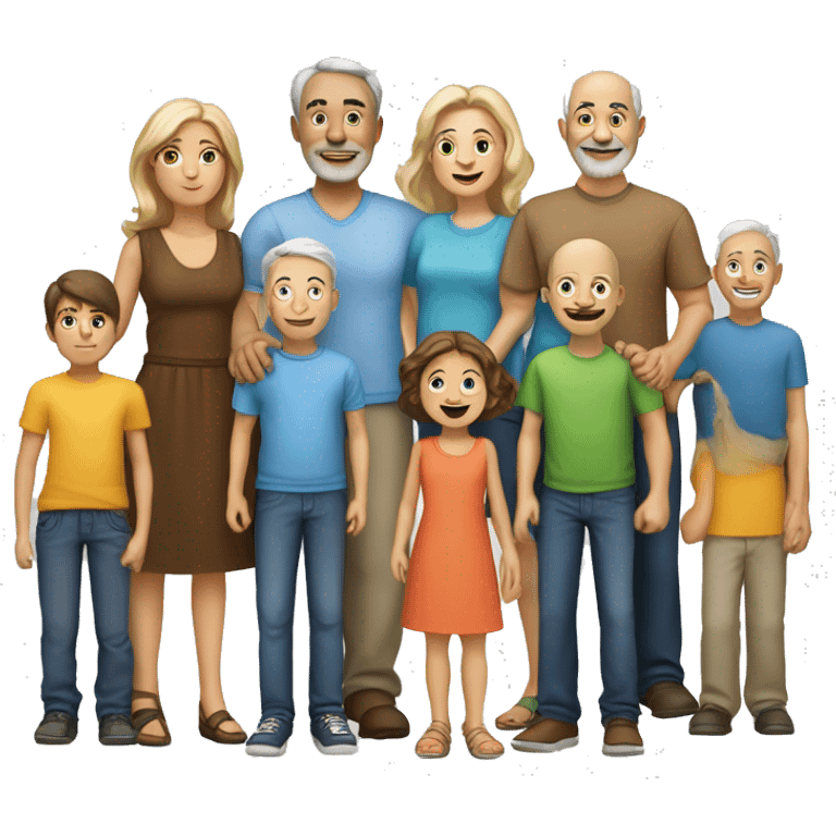 A family with 4 kids (1 girl, 2 boys with mid-colored skin, 1 boy with caucasian skin) and 7 adults (2 mid-age men, 3 mid-age women, 2 elderly). emoji