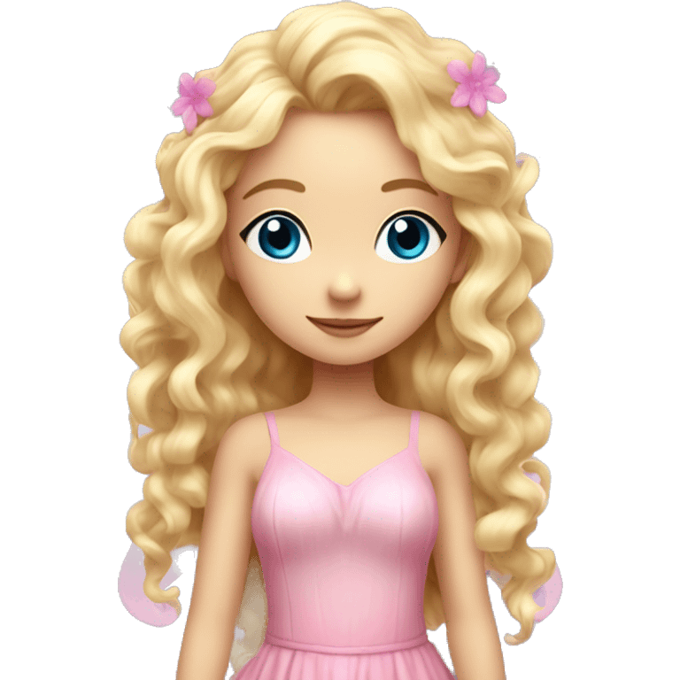 Fairy, a blonde hair with blue eyes and a pink dress with sparkly wings. Flowers. White wings. The fairy has long, curly hair with a lot of volume emoji