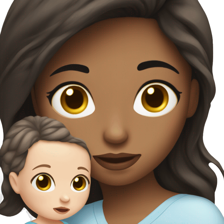 mom holding newborn baby girl with blue eyes and white skin baby dark hair emoji