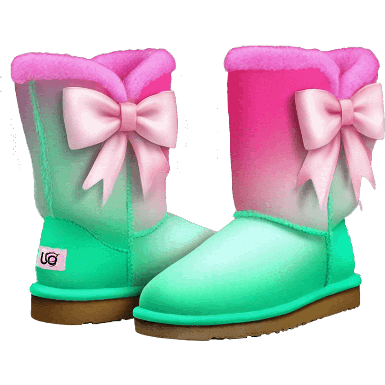 Realistic pair of hot pink to mint green ombre fur Ugg boots with silk ribbon bows. emoji