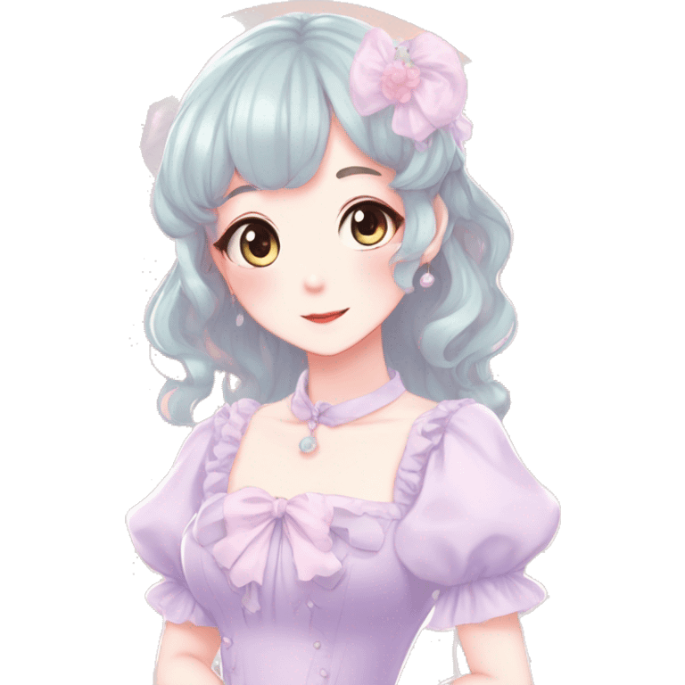 Gorgeous pastel anime style lady with blushing face and a dress cottagecore fairycore  Kawaii anime colorful pearly romantic simplistic aesthetic trending style emoji