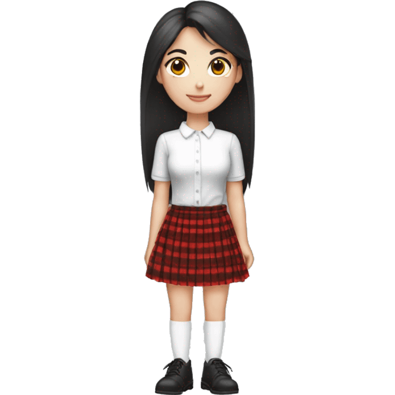 a girl with straight dark hair, slender and beautiful. full length emoticon wearing a red checkered skirt, white shirt, black short shoes and white knee high stockings emoji