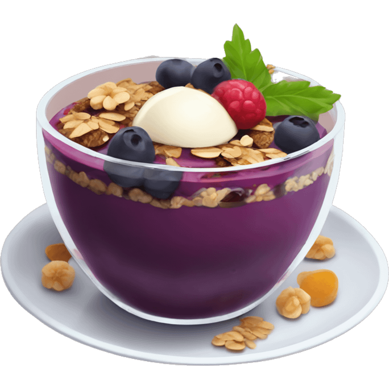 Açaí in a clear cup with layers of fruits and granola and condensed milk emoji