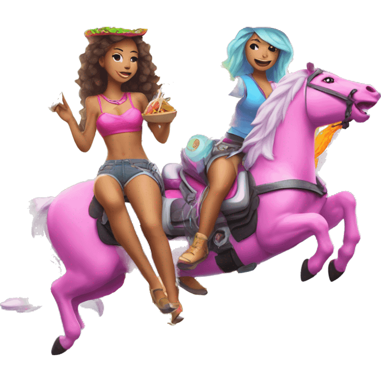 two women eating tacos while riding a unicorn surrounded by a neon heart that’s on fire emoji